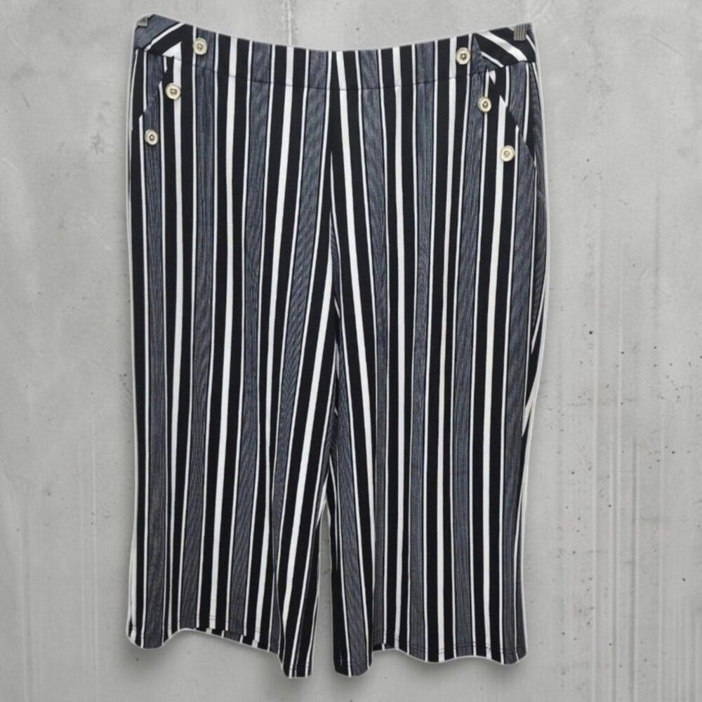 Cato Wide Leg Cropped Pants Womens 26-28W Black White Striped Pockets Nautical
